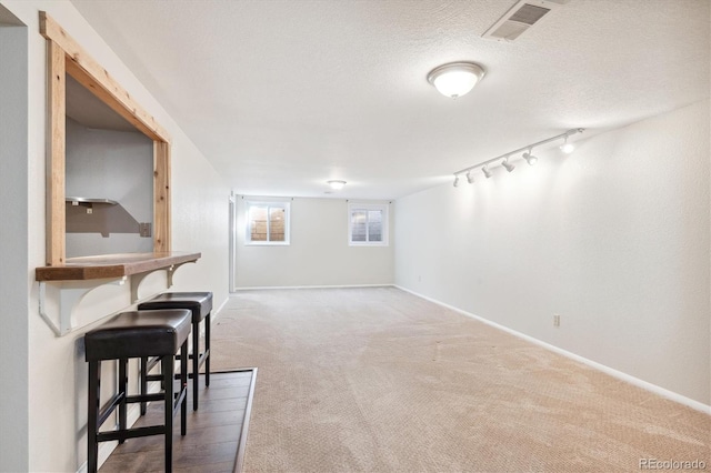 interior space with rail lighting, a textured ceiling, and carpet floors