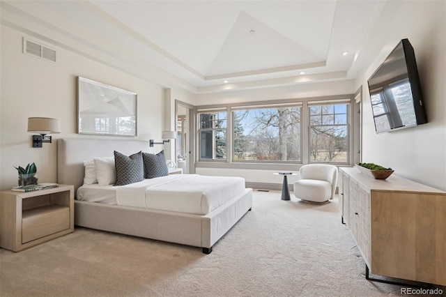 carpeted bedroom with visible vents and recessed lighting