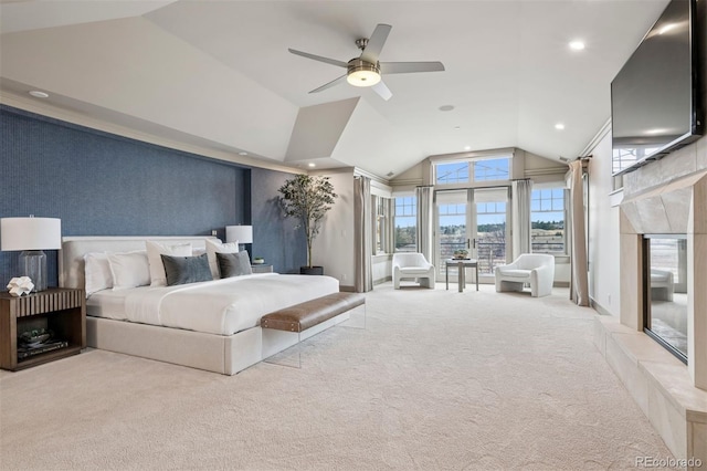 carpeted bedroom featuring baseboards, vaulted ceiling, a ceiling fan, and recessed lighting