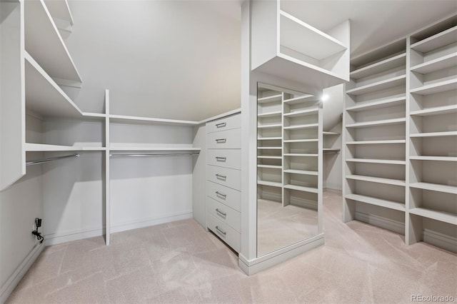 walk in closet with light carpet