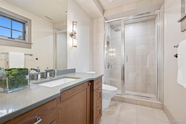 bathroom featuring toilet, a shower stall, visible vents, and tile patterned floors