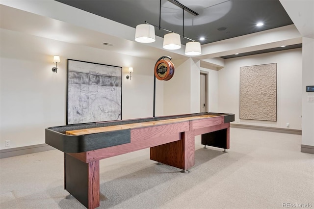 rec room with carpet, baseboards, and recessed lighting