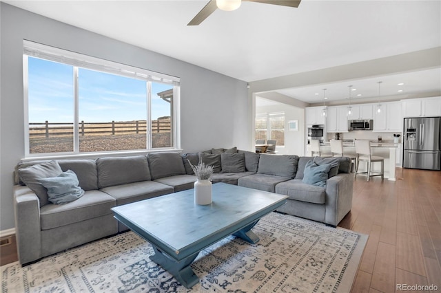 living room featuring hardwood / wood-style flooring and ceiling fan