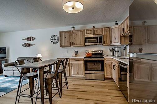 1143 Straight Creek Dr Unit H103, Dillon, CO 80435 - kitchen featuring light wood finished floors, tasteful backsplash, a textured ceiling, and appliances with stainless steel finishes