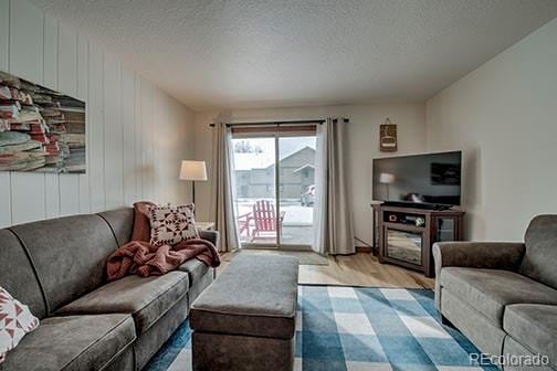 1143 Straight Creek Dr Unit H103, Dillon, CO 80435 - living room with light wood-style floors and a textured ceiling