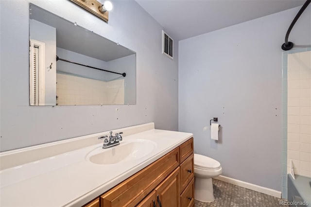 bathroom featuring toilet, tub / shower combination, tile patterned floors, visible vents, and vanity