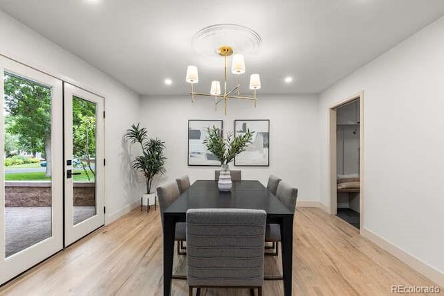 4 Doral Ln, Littleton, CO 80123 - dining area featuring a chandelier, light wood finished floors, french doors, and recessed lighting