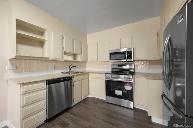 kitchen featuring sink, appliances with stainless steel finishes, dark hardwood / wood-style floors, tasteful backsplash, and cream cabinets