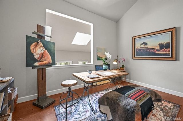 1425 Autumnwood Ln, Evergreen, CO 80439 - home office featuring a skylight, baseboards, wood finished floors, and lofted ceiling