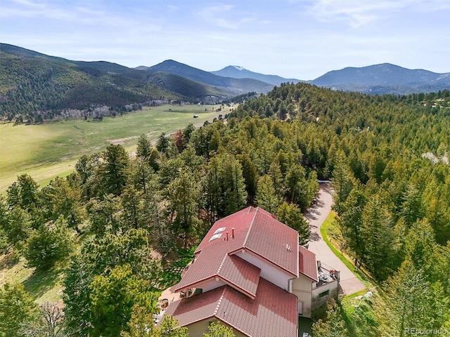 1425 Autumnwood Ln, Evergreen, CO 80439 - aerial view of property and surrounding area with a heavily wooded area and a mountainous background
