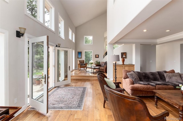 1425 Autumnwood Ln, Evergreen, CO 80439 - living room featuring light wood-style floors and high vaulted ceiling