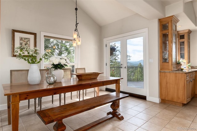 1425 Autumnwood Ln, Evergreen, CO 80439 - dining room featuring light tile patterned flooring, french doors, a mountain view, and high vaulted ceiling