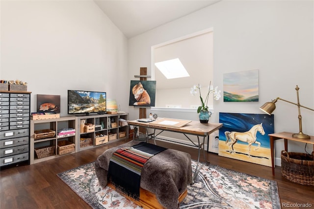 1425 Autumnwood Ln, Evergreen, CO 80439 - living room featuring a skylight, vaulted ceiling, and wood finished floors