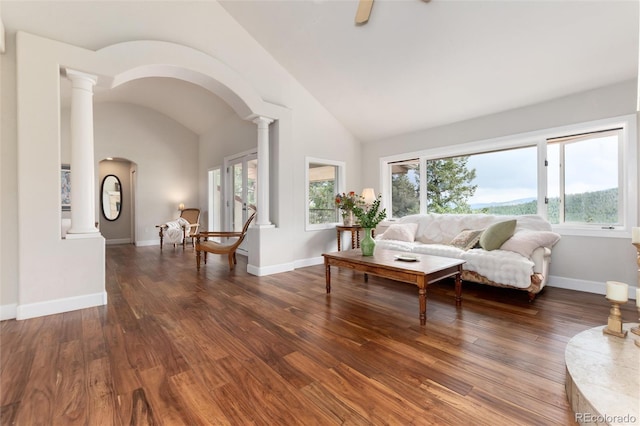 1425 Autumnwood Ln, Evergreen, CO 80439 - living area featuring arched walkways, decorative columns, vaulted ceiling, and wood finished floors