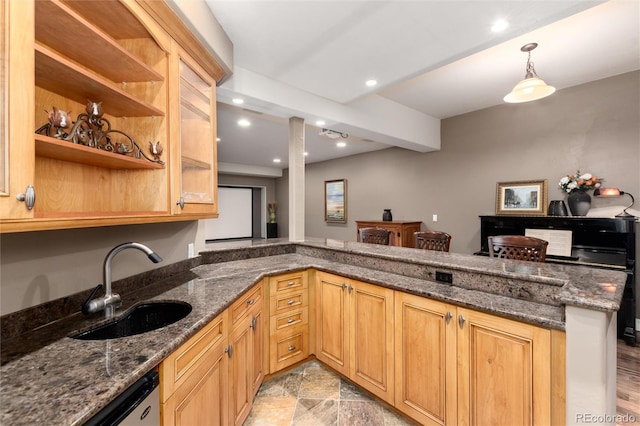 1425 Autumnwood Ln, Evergreen, CO 80439 - kitchen featuring dark stone counters, stainless steel dishwasher, a peninsula, recessed lighting, and beamed ceiling