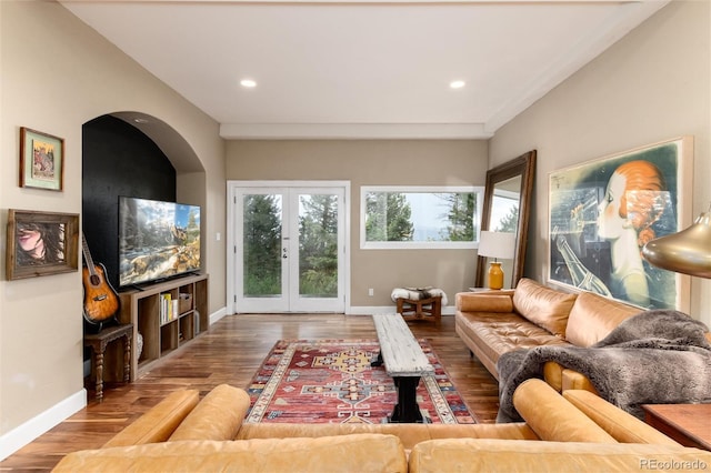 1425 Autumnwood Ln, Evergreen, CO 80439 - living room with french doors, wood finished floors, and recessed lighting