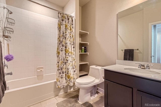 full bathroom featuring tile patterned floors, vanity, toilet, and shower / tub combo with curtain