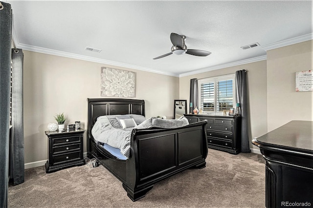 bedroom featuring ornamental molding, carpet flooring, and ceiling fan