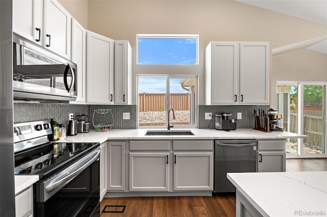 2209 Lupine Pl, Erie, CO 80516 - kitchen featuring stainless steel appliances, vaulted ceiling, tasteful backsplash, light stone countertops, and dark wood-type flooring