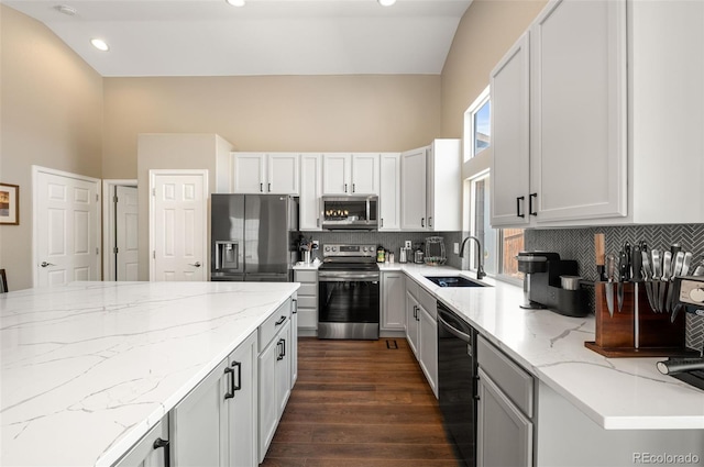 2209 Lupine Pl, Erie, CO 80516 - kitchen with stainless steel appliances, backsplash, light stone counters, recessed lighting, and dark wood-type flooring
