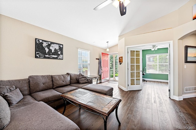 2209 Lupine Pl, Erie, CO 80516 - living area with ceiling fan, lofted ceiling, and dark wood-type flooring