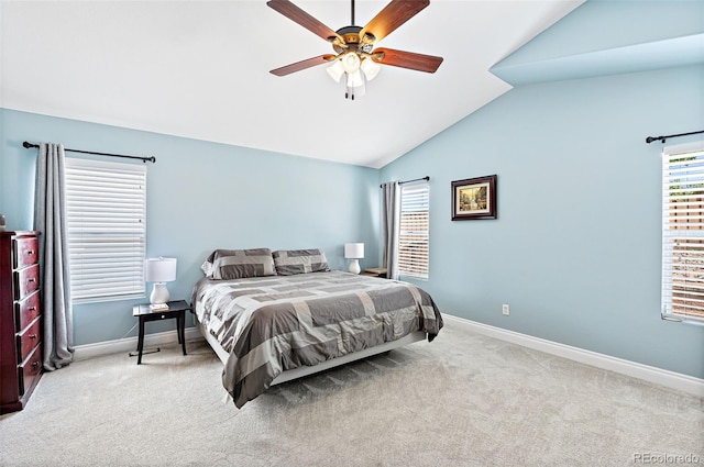 2209 Lupine Pl, Erie, CO 80516 - bedroom with carpet, vaulted ceiling, multiple windows, and a ceiling fan