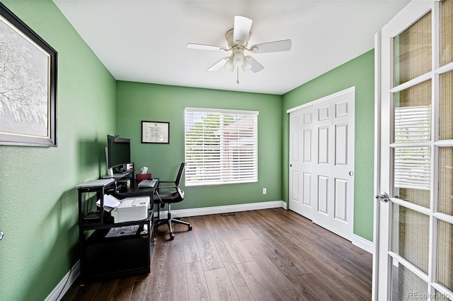 2209 Lupine Pl, Erie, CO 80516 - home office featuring dark wood-style floors and a ceiling fan