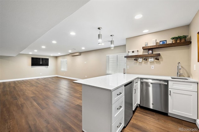 2209 Lupine Pl, Erie, CO 80516 - kitchen featuring stainless steel dishwasher, open shelves, a peninsula, white cabinetry, and recessed lighting