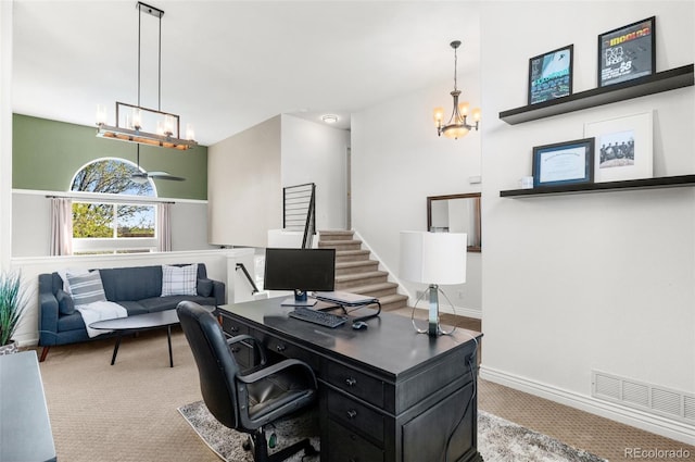 8864 S Field Ct, Littleton, CO 80128 - office area featuring a chandelier, carpet, and baseboards