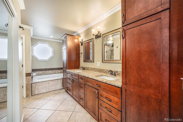 bathroom featuring tile patterned floors, vanity, crown molding, and tiled bath