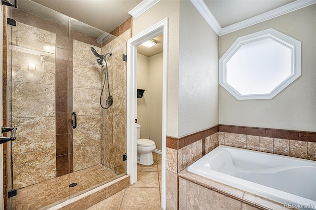 bathroom featuring separate shower and tub, crown molding, tile patterned flooring, and toilet