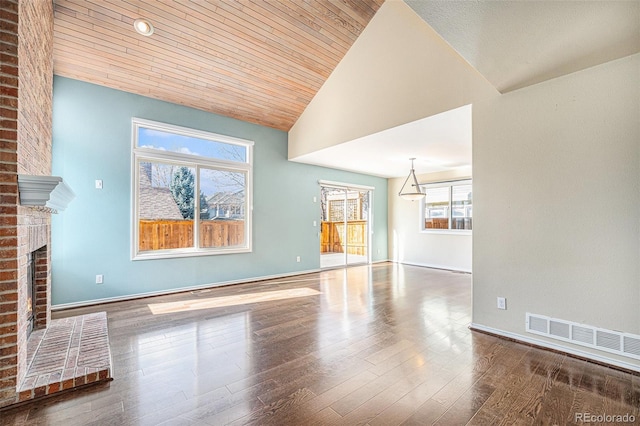 unfurnished living room with wood ceiling, a fireplace, high vaulted ceiling, and hardwood / wood-style floors