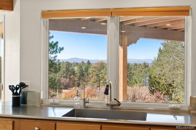 kitchen with a mountain view, a healthy amount of sunlight, and sink