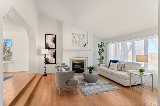 living room with hardwood / wood-style flooring and high vaulted ceiling