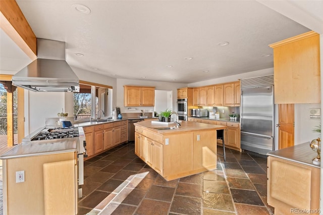 kitchen with island exhaust hood, light brown cabinets, an island with sink, and appliances with stainless steel finishes