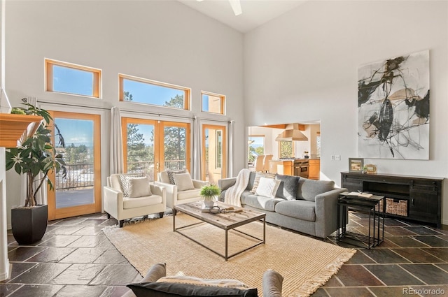 living room with a high ceiling and french doors