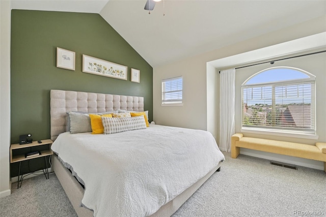 18173 E Saskatoon Pl, Parker, CO 80134 - bedroom with carpet floors, vaulted ceiling, and ceiling fan