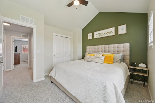 18173 E Saskatoon Pl, Parker, CO 80134 - carpeted bedroom featuring lofted ceiling, a closet, ceiling fan, and multiple windows