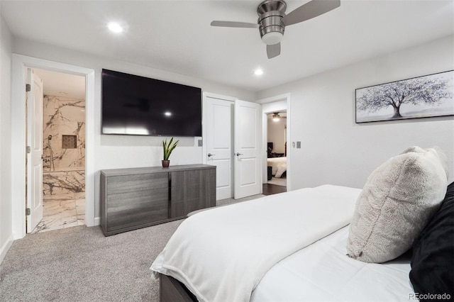 carpeted bedroom featuring recessed lighting, marble finish floor, connected bathroom, and ceiling fan