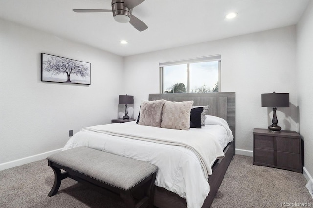 carpeted bedroom featuring recessed lighting, ceiling fan, and baseboards