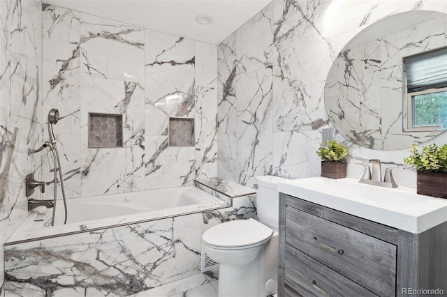 full bathroom with toilet, stone wall, a combined bath / shower with marble appearance, and vanity