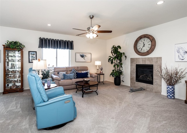 4330 Prairie Agate Dr, Colorado Springs, CO 80938 - living area with carpet, a ceiling fan, recessed lighting, and a fireplace