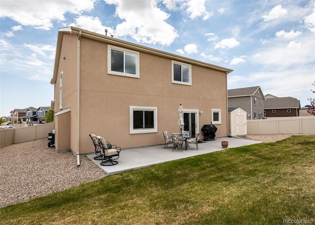 4330 Prairie Agate Dr, Colorado Springs, CO 80938 - rear view of property featuring a shed, a fenced backyard, a patio, and stucco siding