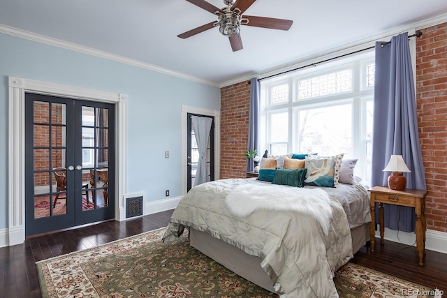 131 N Sherman St, Denver, CO 80203 - bedroom with hardwood / wood-style flooring, baseboards, brick wall, ornamental molding, and french doors