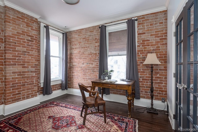 131 N Sherman St, Denver, CO 80203 - office with baseboards, wood-type flooring, crown molding, and brick wall