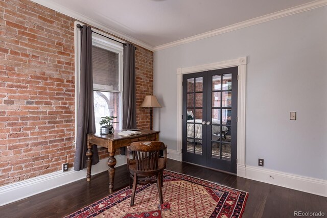131 N Sherman St, Denver, CO 80203 - office area featuring french doors, baseboards, wood-type flooring, healthy amount of natural light, and brick wall