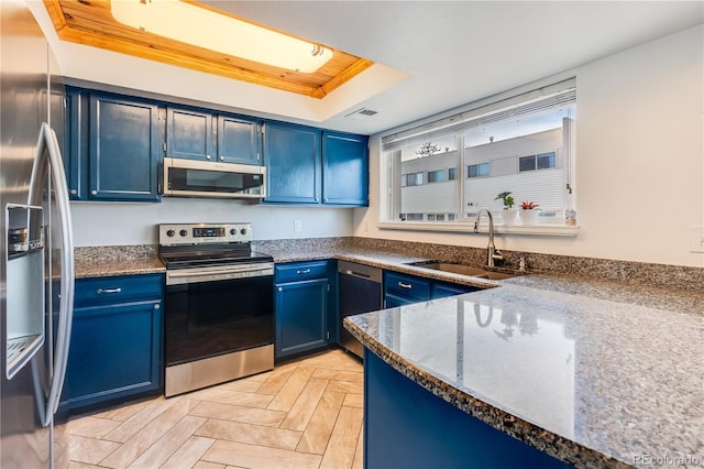 2314 S Troy St, Aurora, CO 80014 - kitchen featuring stainless steel appliances, blue cabinets, a raised ceiling, and dark stone countertops
