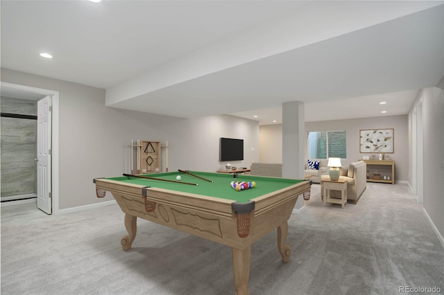 recreation room featuring light carpet and pool table