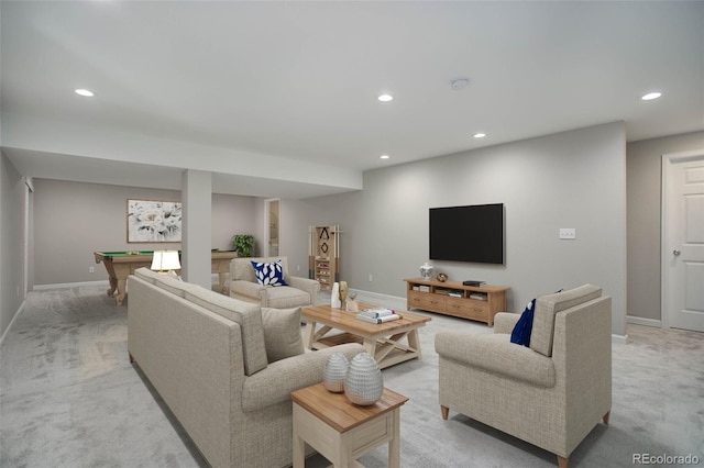 living area with recessed lighting, light colored carpet, and pool table