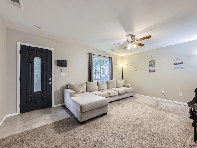 4935 E 100th Dr, Thornton, CO 80229 - carpeted living room featuring ceiling fan and tile patterned floors